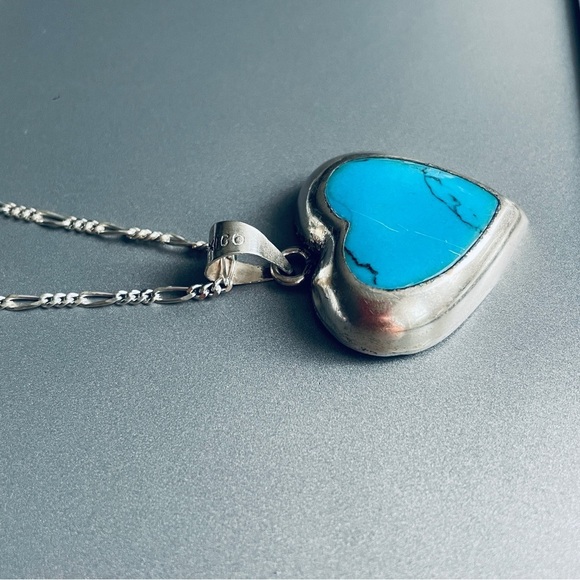 Mexico Turquoise Inlay Puffy Heart Sterling Silver Pendant Necklace - Picture 2 of 8